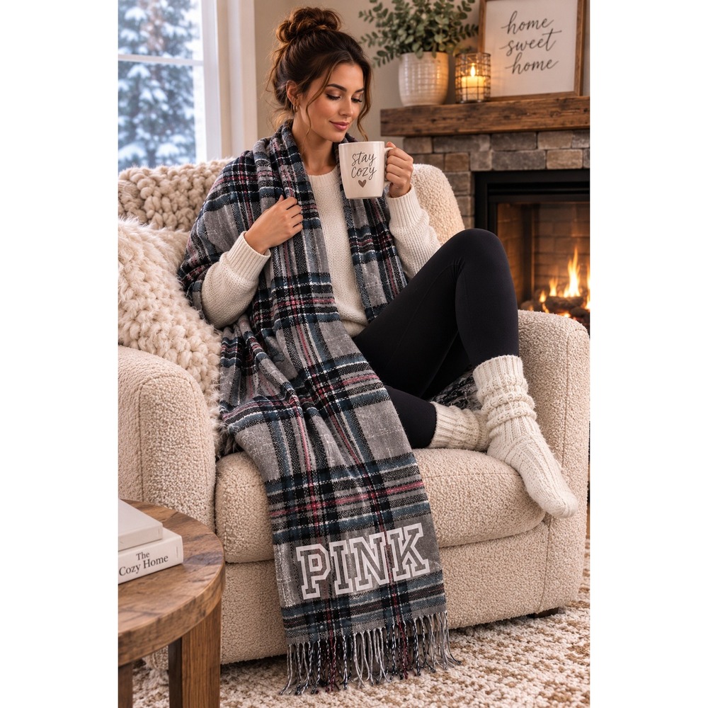 PINK by VICTORIA'S SECRET Plaid Throw Blanket Gray 27" x 88"‎ NWOT - Picture 3 of 7